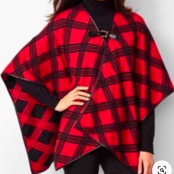 Talbots Accessories - Talbots Leather Tab Country Plaid Ruana Wrap Faux Leather Trim Sz M/L Red Black